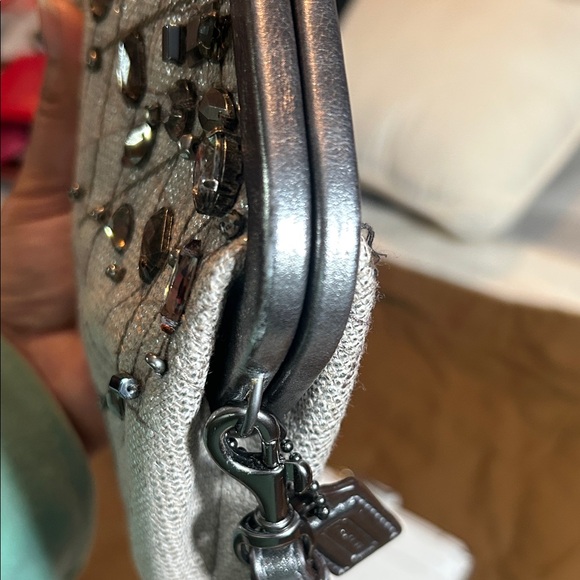 Coach Metallic Silver Burlap Kisslock Frame Clutch Embellished.